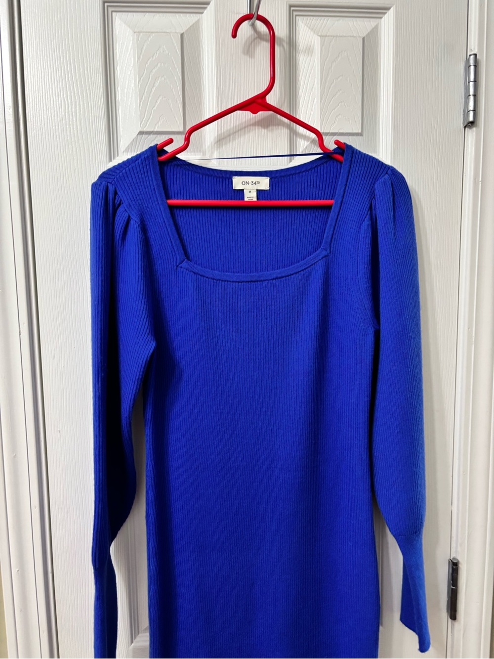 ON 34th Square Neck Ribbed Sweater Dress Blue Bodycon Midi Size Medium - Picture 3 of 9